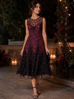 BCBG Max Azria Black Burgundy Floral Mesh Illusion Cocktail Dress Size 2 Wedding